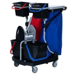 Janitor Cart/Cleaning Trolley - Four Buckets & 120 Litre Bin - Manutan -Storage Equipment Store AIG37414798