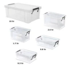 Set Of 5 Clear Storage Boxes - 10L, 2.6L, 1.7L, 0.8L & 0.3L - Manutan